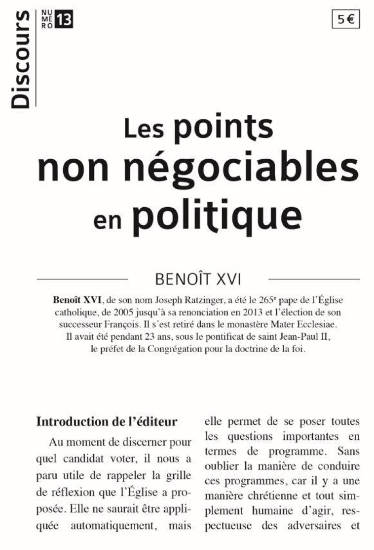 DISCOURS N 13 - LES POINTS NON NEGOCIABLES EN POLITIQUE - BENOIT XVI - NC