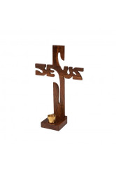 Croix jesus en bois avec support bougie