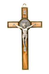 Croix de st benoit en bois d'olivier avec bordures dorees et christ 12.5cm