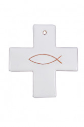 Croix grecque email poisson blanc 8.5 x 8.5 cm
