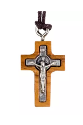 Croix de saint benoît en bois d'olivier avec cordon 2 cm