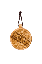 Medaille st benoit gravee en bois d'olivier avec cordon 3cm